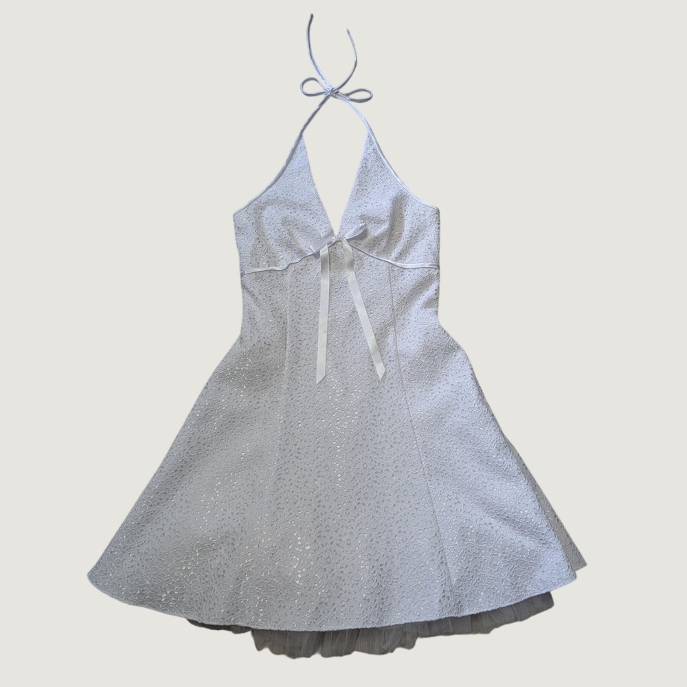 Vintage Jessica McClintock Gunne Sax White Lace Halter Mini Dress Satin Bow 12